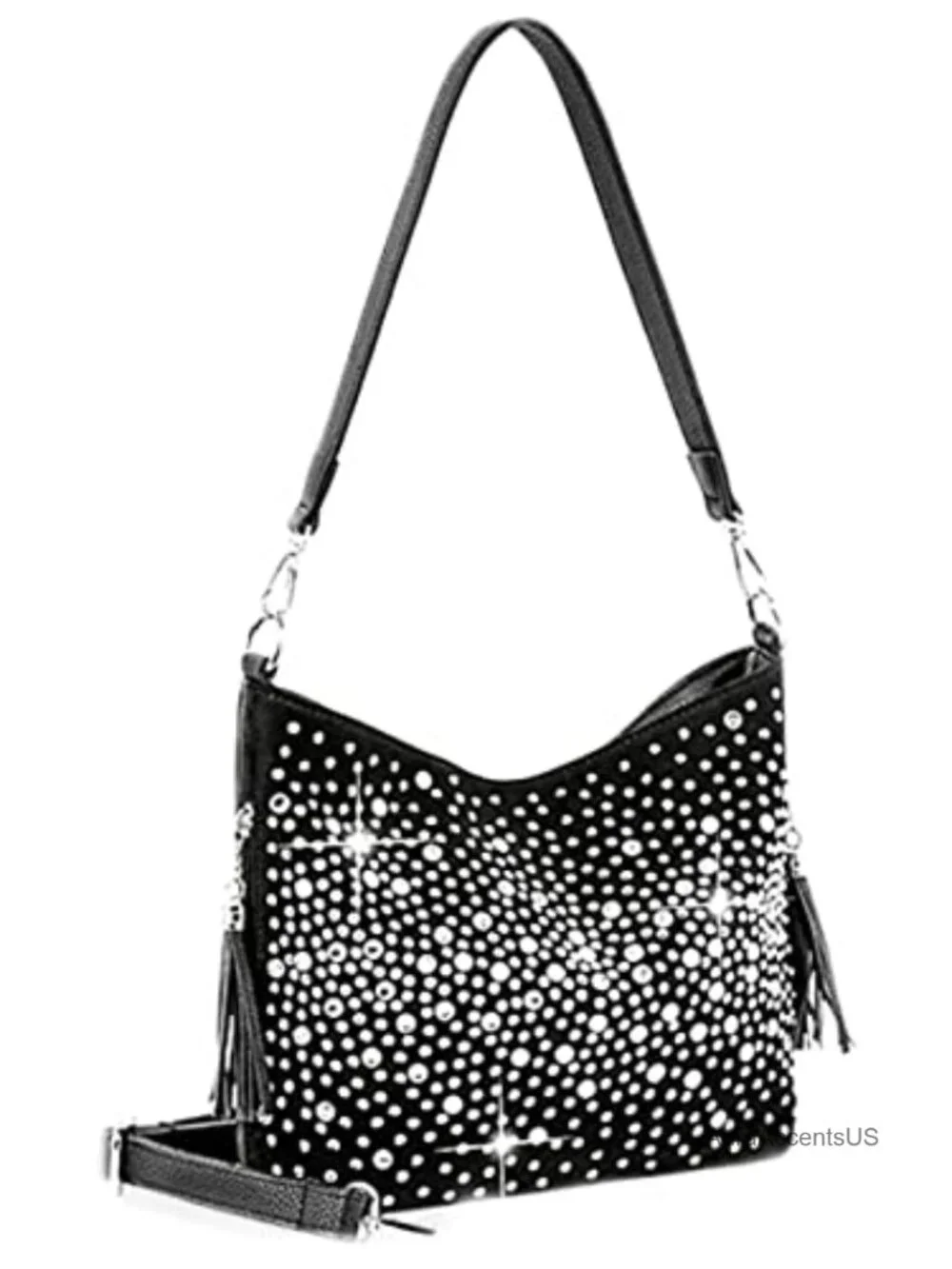 Glamorous Star Rhinestone Crossbody Hobo Bag Faux Leather with Two Straps Party